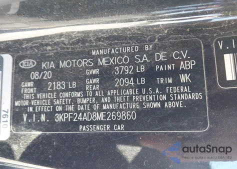 2021 Kia Forte Lxs z USA, uszkodzony, nr VIN 3KPF24AD8ME269860